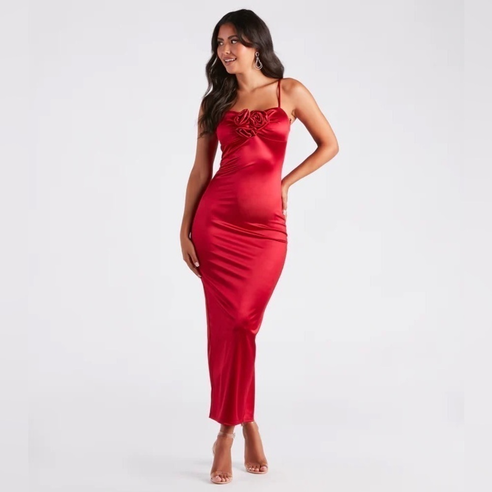 Windsor Red Rosette Rose Satin Halter Dress Nwt Size S
